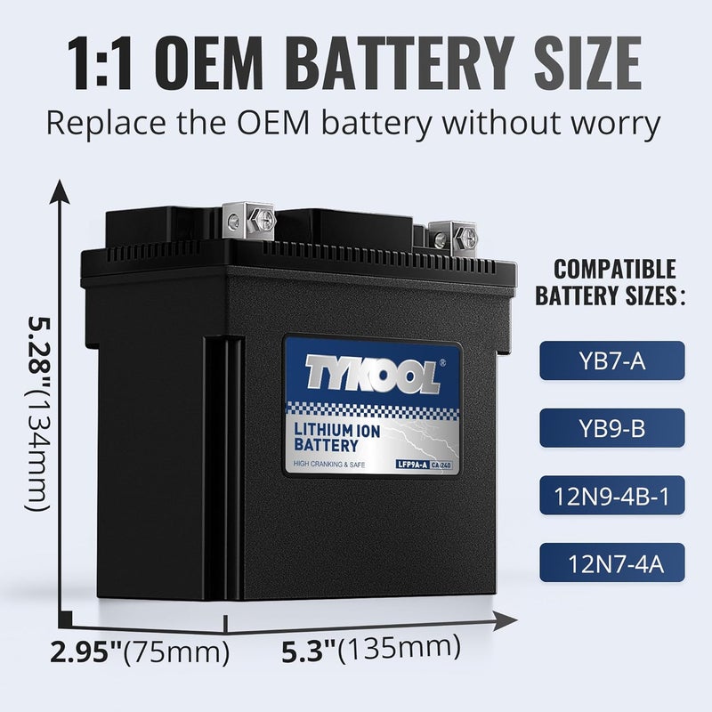 TYKOOL LFP9A-A,YB9-B,240CCA,3X Cranking Amps,LiFePO4 Lithium Motorcycle Battery,12V 4AH,Digital Readout,Fits for 125cc Benelli and Gilera,Triumph 750cc,Aprilia Sport City - Image 3